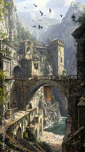 Birds Flying Over a Medieval Village on a Cliffside