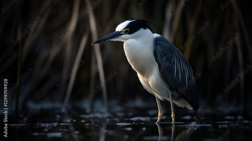 Fototapeta premium Night heron wading in serene wetlands during twilight.