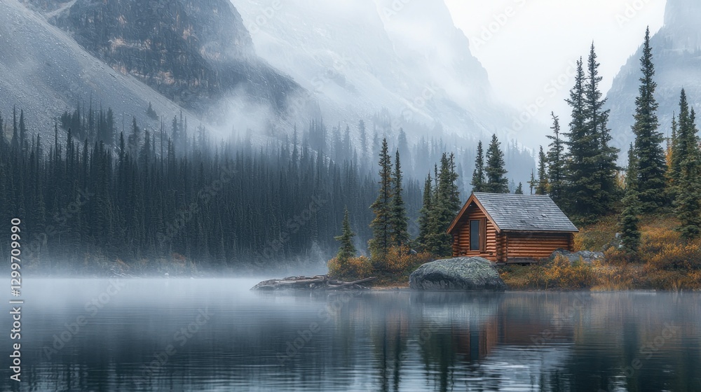 Fototapeta premium Misty mountain lake cabin. (2)