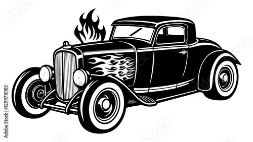 A classic hot rod illustration in black and white, featuring a 1930s-style coupe with flames painted on the side and a stylized flame graphic above the car, capturing a vintage automotive and custom c