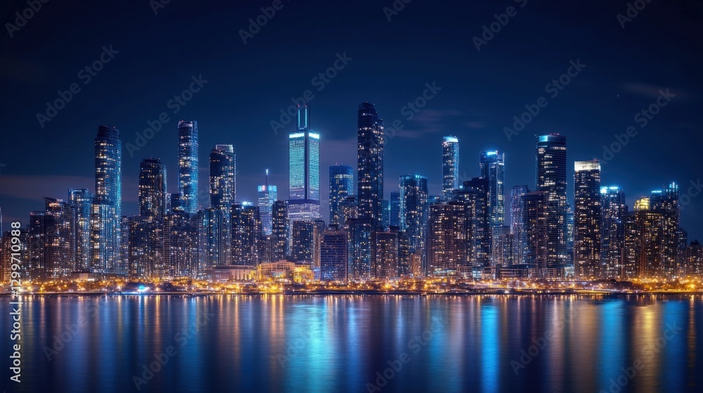 Obraz premium illuminated skyline creates a stunning reflection on the calm waters of lake , showcasing the city's vibrant architecture and urban beauty at night
