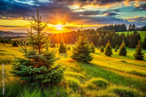 Sunny Summer Field with Small Fir Trees - Low Light Photography Stock Photo