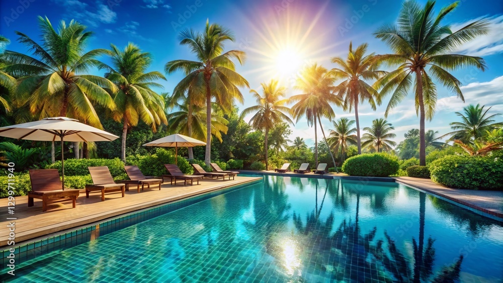 Sunny Vacation Resort: Relaxing Poolside Scene with Lush Greenery Sunny Vacation Resort: Relaxing Poolside Scene with Lush Greenery