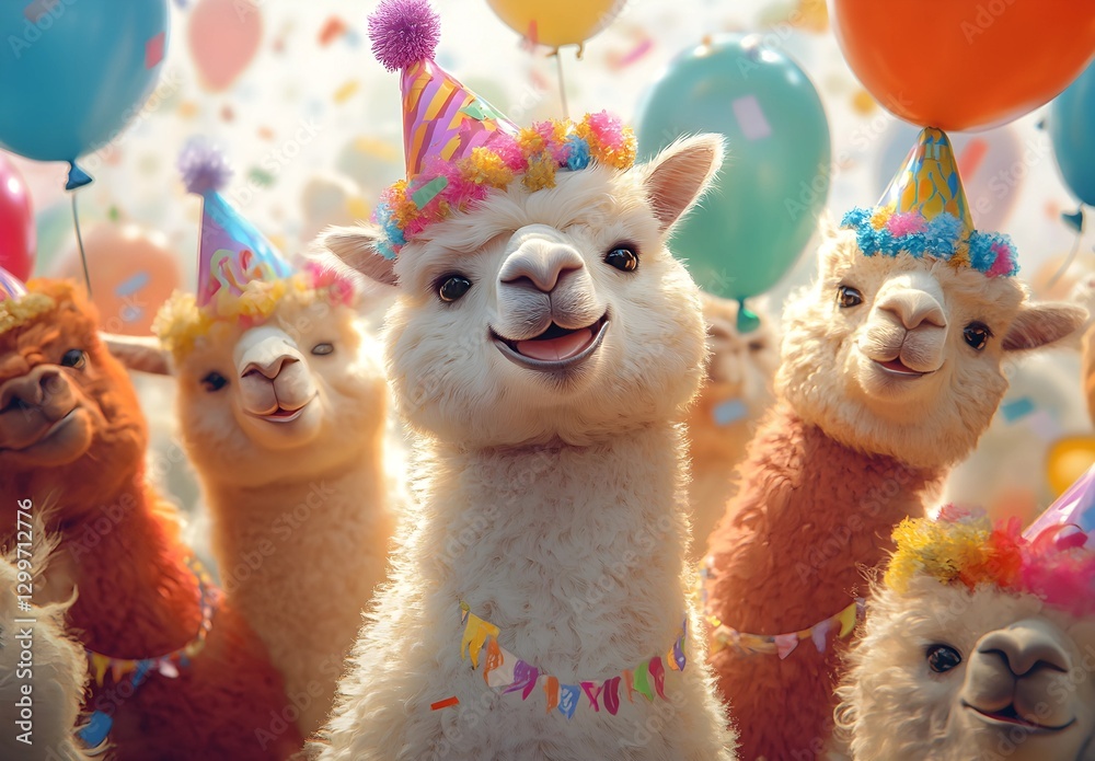 Happy birthday funny. A group of alpacas wearing colorful birthday hats, holding balloons, and smiling at the camera. Happy birthday funny. A group of alpacas wearing colorful birthday hats, holding balloons, and smiling at the camera.