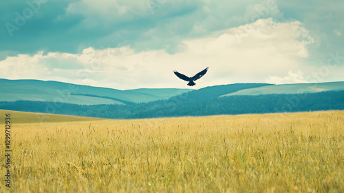 Black Bird Soaring Over Golden Wheat Field Under Blue Sky