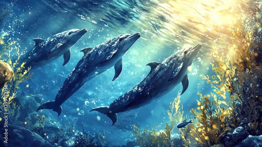 Fototapeta premium Three dolphins swimming in sunlit ocean kelp forest.