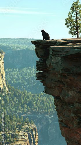 Black Dog Sitting on a Cliff Edge overlooking a Vast Mountain Landscape