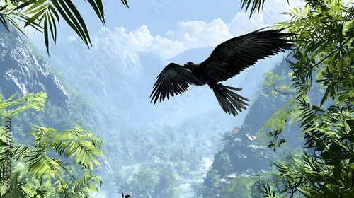Black Raven Soaring Over Lush Green Mountain Valley