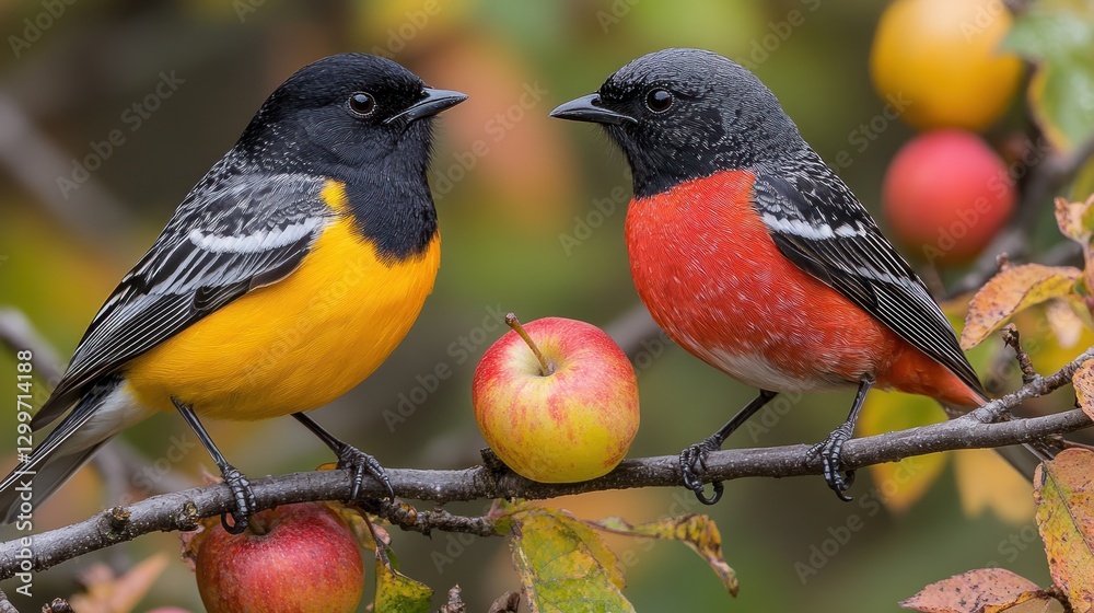 Fototapeta premium Colorful birds on branch with apples