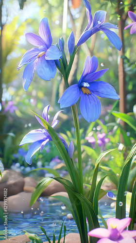 Blue and Purple Flowers by a Stream in a Lush Garden