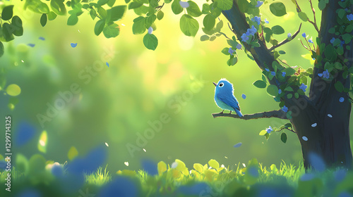 Blue Bird on Branch in Sunny Green Forest