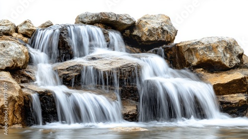 Waterfall Cascading Down View with Rocks with Isolated