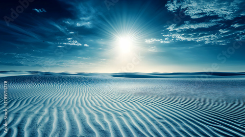 Blue Desert Landscape at Sunset with Rippled Sand Dunes