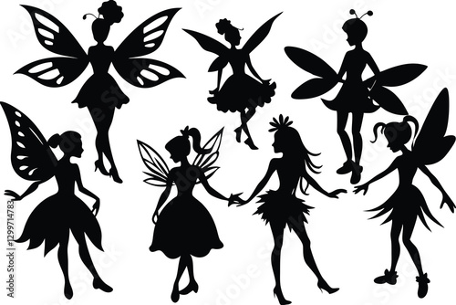 A black and white of a cute fairy silhouette Vector