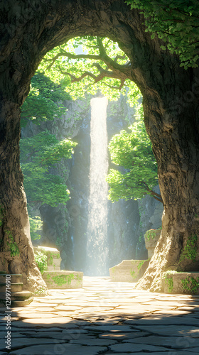 Sunlit Waterfall Path Through Lush Forest