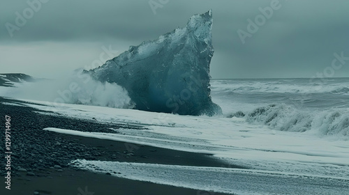 Blue Glacial Ice Formation on a Dark Sandy Beach with Crashing Waves