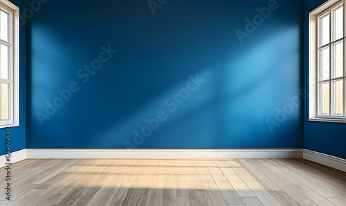 Striking blue wall in empty room for a variety of uses.