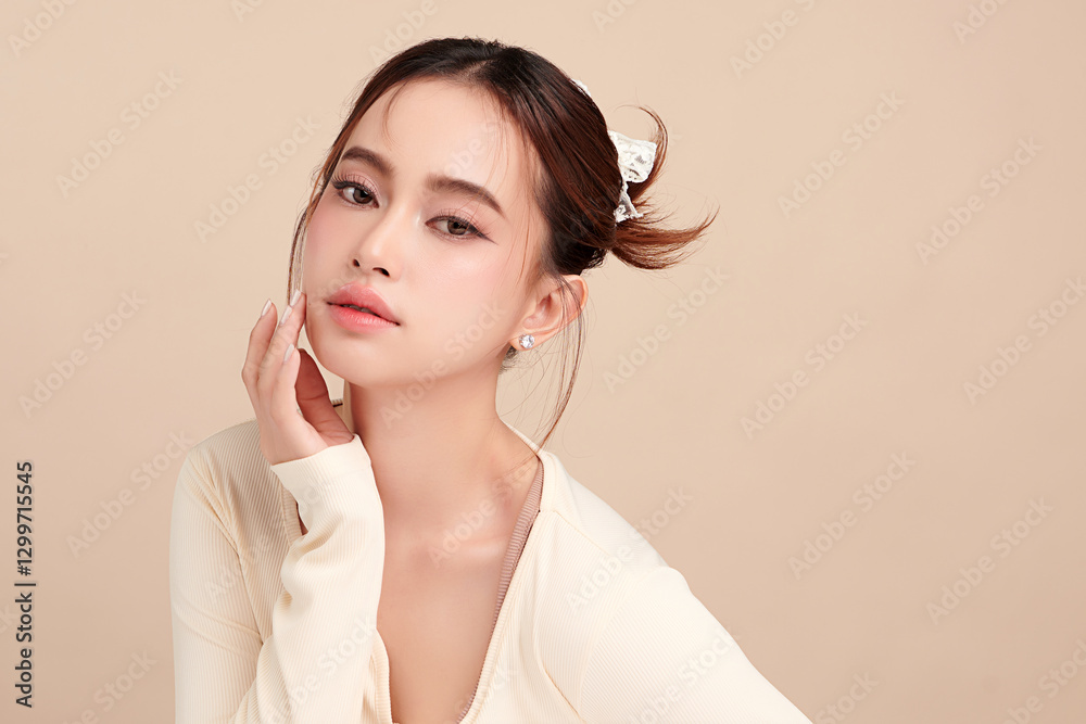 Beautiful young asian woman with clean fresh skin on beige background, Face care, Facial treatment, Cosmetology, beauty and spa, Asian women portrait. Beautiful young asian woman with clean fresh skin on beige background, Face care, Facial treatment, Cosmetology, beauty and spa, Asian women portrait.