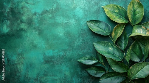 Serene Green Leaves on Teal Background: A Botanical Masterpiece
