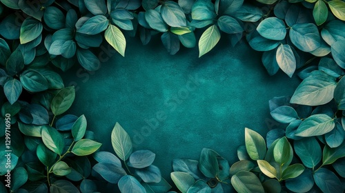Emerald Green Leaves Frame on Teal Background