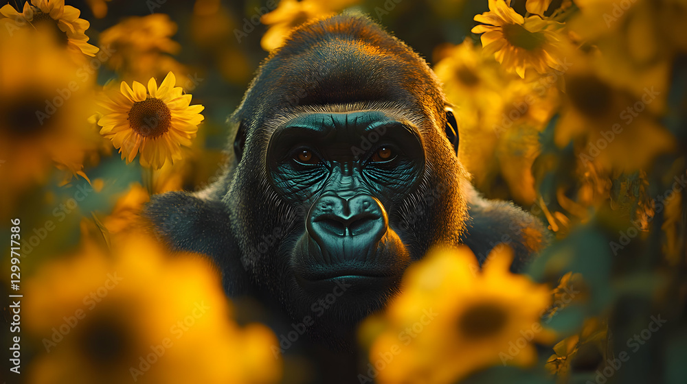 Obraz premium Gorilla in Field of Flowers Realistic Image