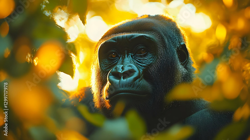 Gorilla Portrait in Golden Light - Realistic Illustration photo