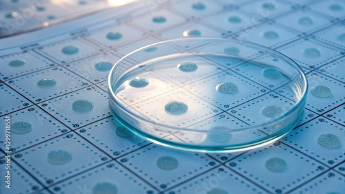 petri dish on lab manual with cultured cells, showcasing scientific research and experimentation. clear dish highlights precision of laboratory work and importance of cell culture