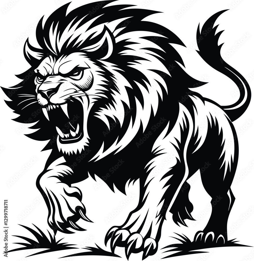 Obraz premium Fierce Roaring Lion Black and White Silhouette.