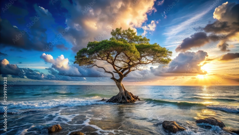 Serene coastal sunrise scene featuring a lone tree standing resiliently amidst gentle ocean waves and a vibrant, colorful sky Serene coastal sunrise scene featuring a lone tree standing resiliently amidst gentle ocean waves and a vibrant, colorful sky