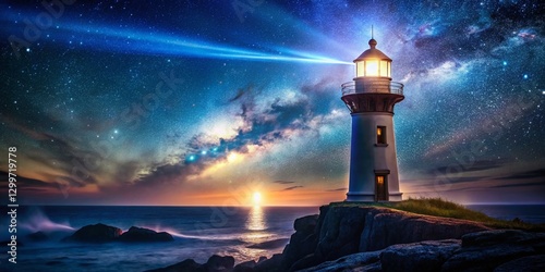 Wallpaper Mural Surreal Night Lighthouse: Ethereal Beams & Starry Sky Stock Photo Torontodigital.ca