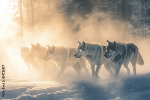 Pack of Wolves Moving Stealthily Through Foggy Moonlit Forest