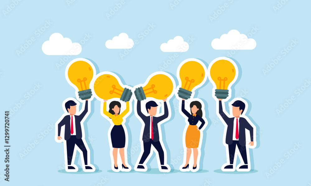 Businesspeople gather, each holding a lamp, illustration of a gathering for sharing business ideas and innovations Businesspeople gather, each holding a lamp, illustration of a gathering for sharing business ideas and innovations
