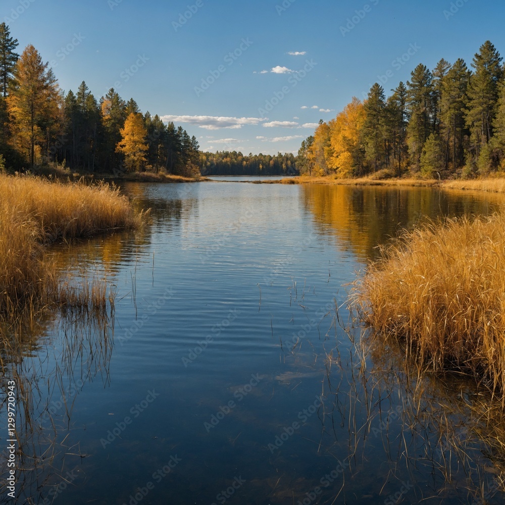 Fototapeta premium A panoramic view of a lake mirroring the golden grass and blue sky.