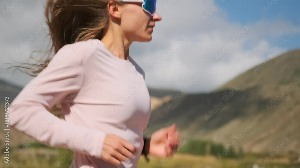 The professional athlete in sportswear and sunglasses runs along a mountain road, boosting endurance and fitness. The wind blowing through her long, blonde hair adds dynamism to her movement.