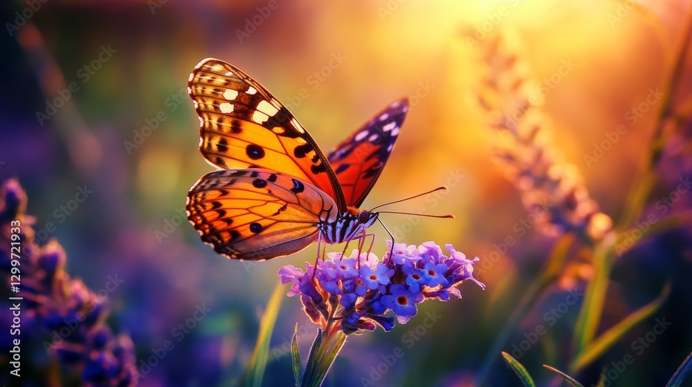 Fototapeta premium Vibrant orange butterfly on lavender flowers at sunset in soft focus.