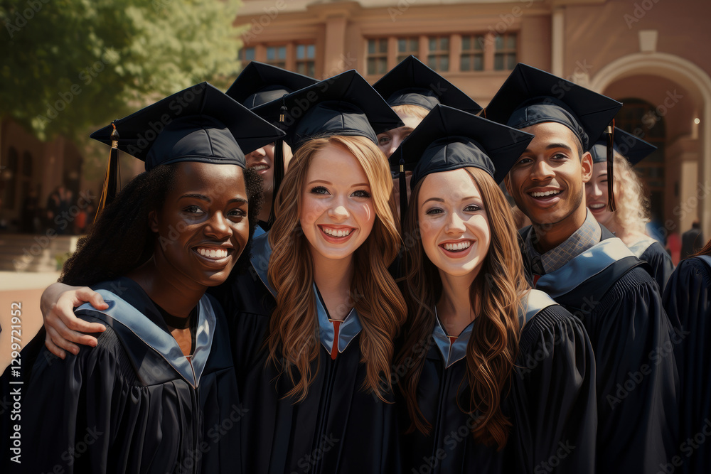 A happy group of graduates at the graduation ceremony. The multiracial students are dressed in festive black robes and graduate hats. A happy group of graduates at the graduation ceremony. The multiracial students are dressed in festive black robes and graduate hats.