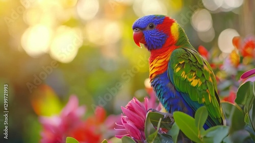 Vibrant rainbow lorikeet perched among colorful flowers in sunlit garden.