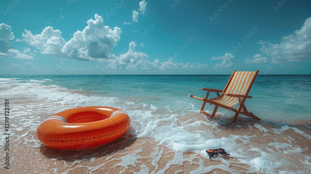 Obraz premium Orange Life Preserver and Striped Beach Chair on Sandy Shore