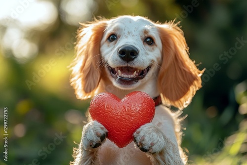 English setter - my beloved dog, symbol of friendship. Cute english setter canine with domestic animal toy red heart on a walk in a spring garden. Promotion pet animal creative design. photo