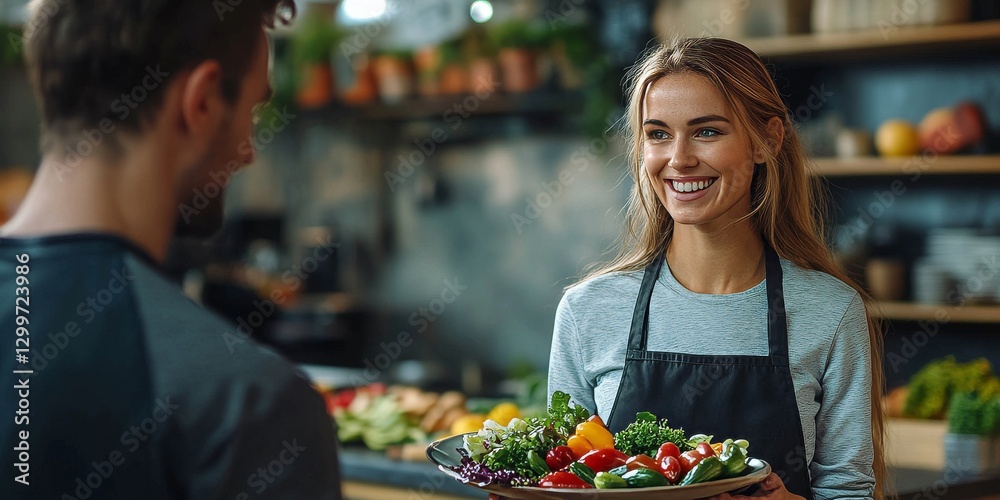 Obraz premium Nutritionist offering healthy food to a sportsman in a restaurant kitchen