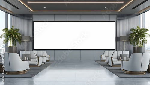 Landscape-oriented blank screens in an airport VIP lounge for luxury ads.