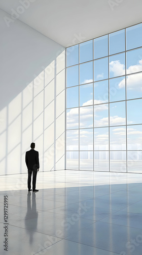 Businessman Silhouetted Against Modern Office Window with City View