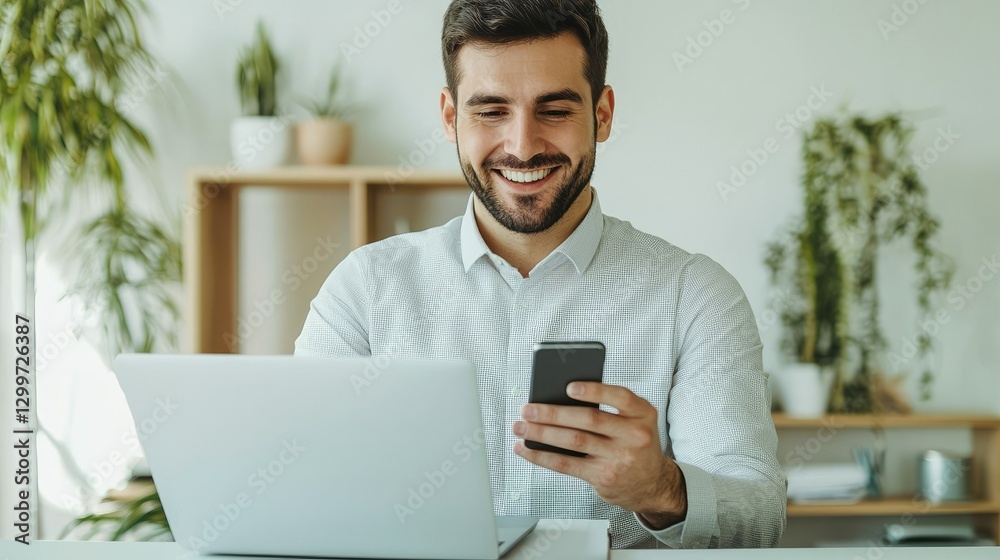 A smiling man uses a smartphone while sitting at a desk with a laptop, surrounded by greenery in a modern workspace. A smiling man uses a smartphone while sitting at a desk with a laptop, surrounded by greenery in a modern workspace.