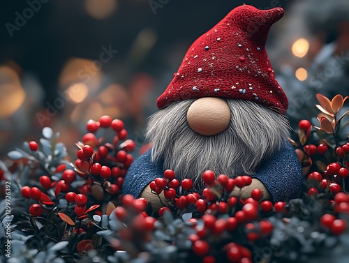 Garden gnome amid berries, bokeh background