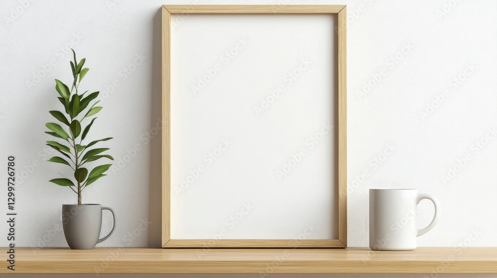 A blank wooden frame mockup on an oak console table, leaning against the wall in front of it, against a white background A blank wooden frame mockup on an oak console table, leaning against the wall in front of it, against a white background