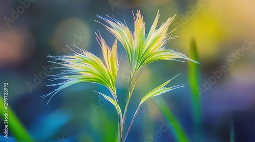 Sunset wild grass in the forest. Macro, shallow depth, abstract summer background, vintage filter.