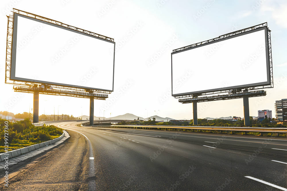 Obraz premium Two large blank billboards beside an empty highway in daylight.
