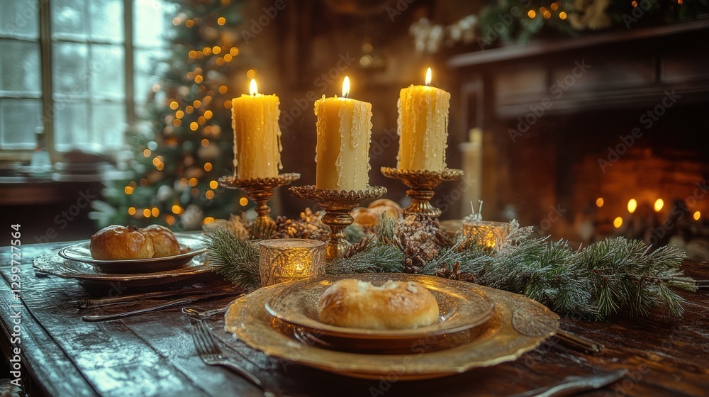 Festive Christmas Dinner by Fireplace Festive Christmas Dinner by Fireplace
