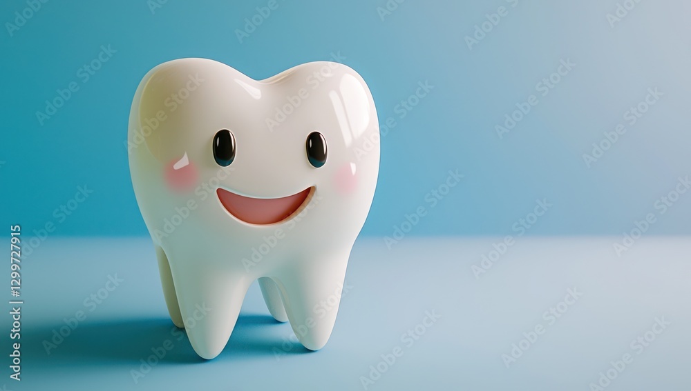 Smiling tooth in 3D, adorable character against soft pastel blue. Smiling tooth in 3D, adorable character against soft pastel blue.