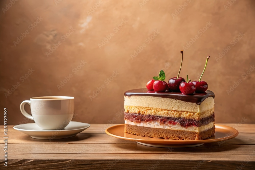 A delectable layered chocolate cake, adorned with fresh cherries and a hint of mint, sits elegantly on a rustic wooden table next to a cup of coffee, creating a perfect moment of sweet indulgence. A delectable layered chocolate cake, adorned with fresh cherries and a hint of mint, sits elegantly on a rustic wooden table next to a cup of coffee, creating a perfect moment of sweet indulgence.